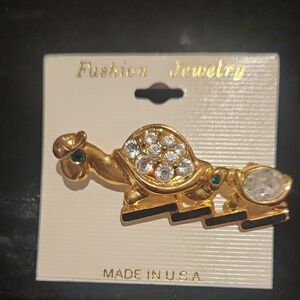 Charming Gold Turtle Brooch with Crystal Details